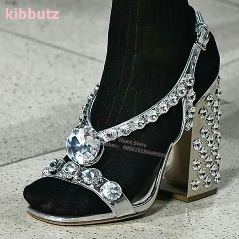 

Crystal Slippers Glossy Rhinestone Square Toe Chucky Heels Ankle Strap Solid Color Luxury Elegant Sexy Fashion Women Shoes New