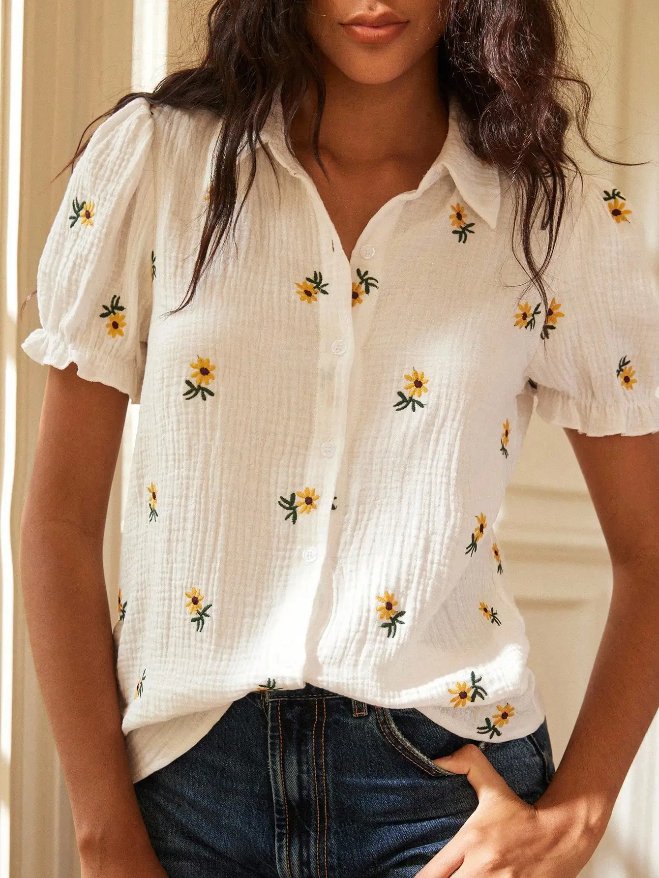 

Винтажная блузка с цветочным узором и вышивкой, свободного кроя, с короткими рукавами, для женщин, весна-лето