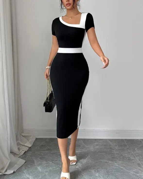 

Summer New Fashionable and Elegant Temperament High-End Sense Color Blocked Slanted Neck Tight Fitting Hip Hugging Dress