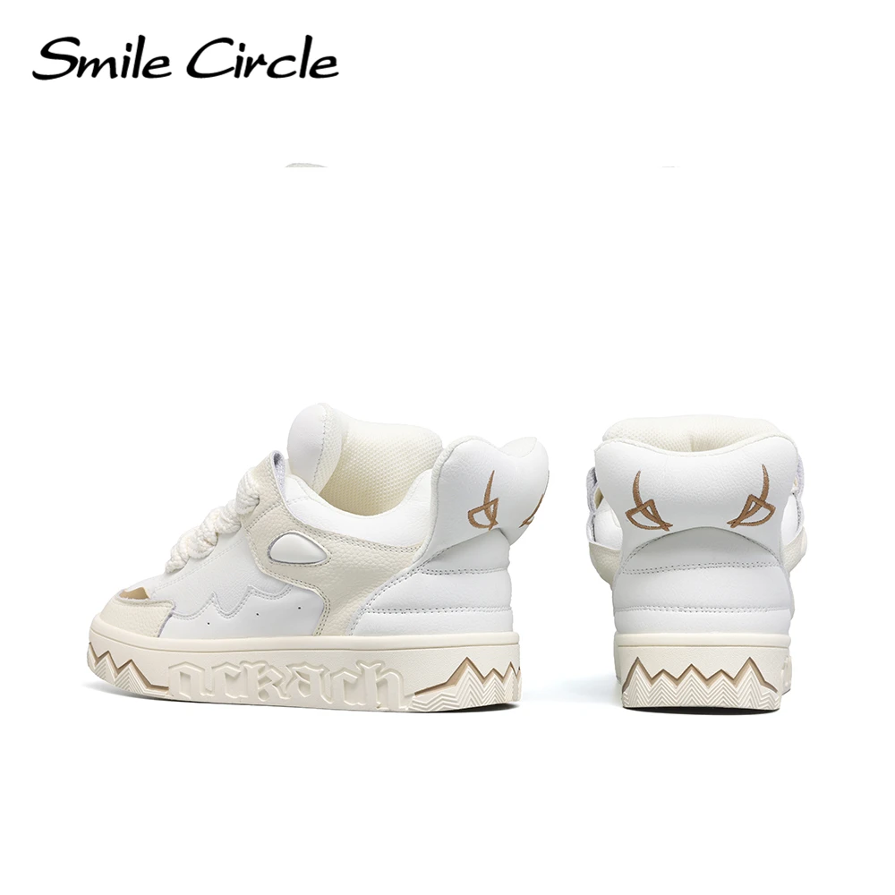 Smile Circle Chunky Sneakers Women\'s Leather Lace-up Fashion Flat Platform Shoes Round Toe Comfortable Casual Sneakers