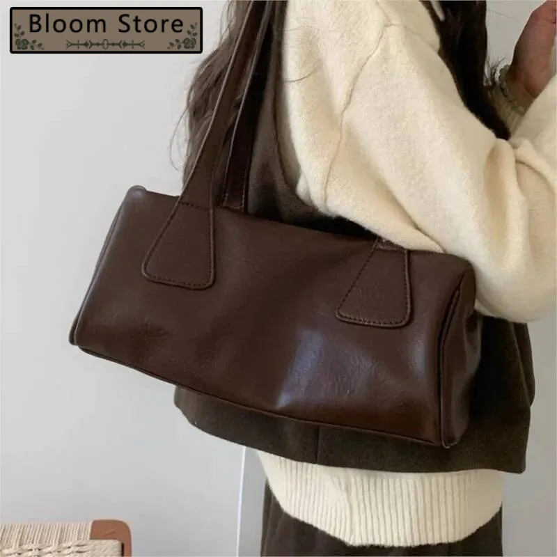 

Vintage Coffee Korean Baguette Women Minimalist Leather Large Capacity Handbag Ladies Casual Versatile Everyday Shoulder Bag