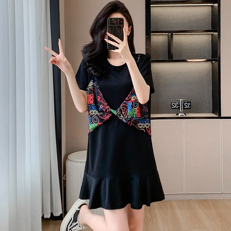 Dames Katoenen Mini T-Shirt Jurken Zomer Dames O-Hals Korte Mouw Grote Maat Elegante Zwarte Ruches Patchwork Bedrukte Vestidos