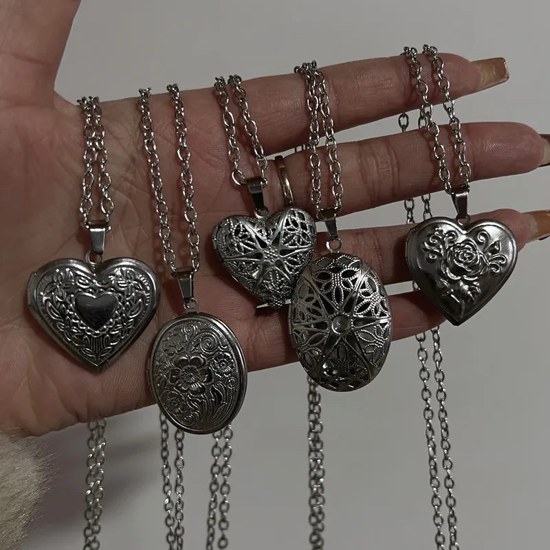 Romantic Heart Locket Pendant Openable Female Silver Color Stainless Steel Photo Frame Charm Necklace for Women Men Jewelry Gift