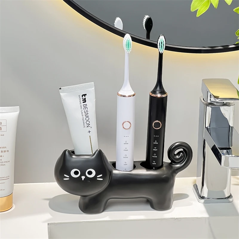 

Ceramic Electric Toothbrush Holder Stand For Toothpaste And Brushes Cute Cat Design Bathroom Countertop Base Gift For Couples
