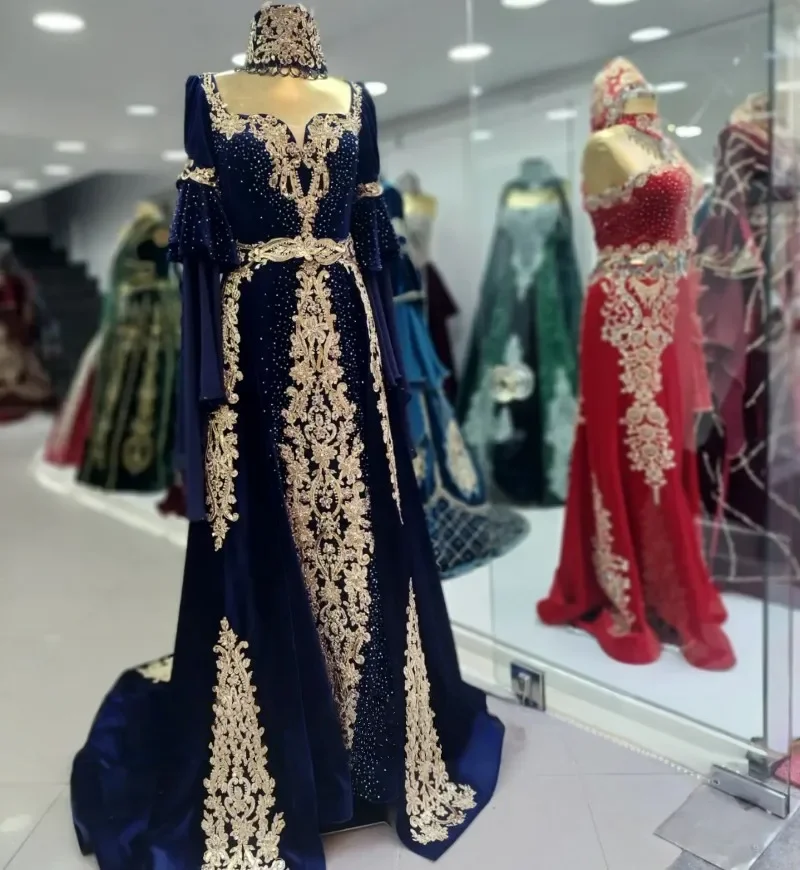 

Синий марокканский кафтан Кафтан Мусульманские вечерние платья трапециевидной формы с длинными рукавами и аппликациями Дубай Арабская Абая Исламское платье по индивидуальному заказу