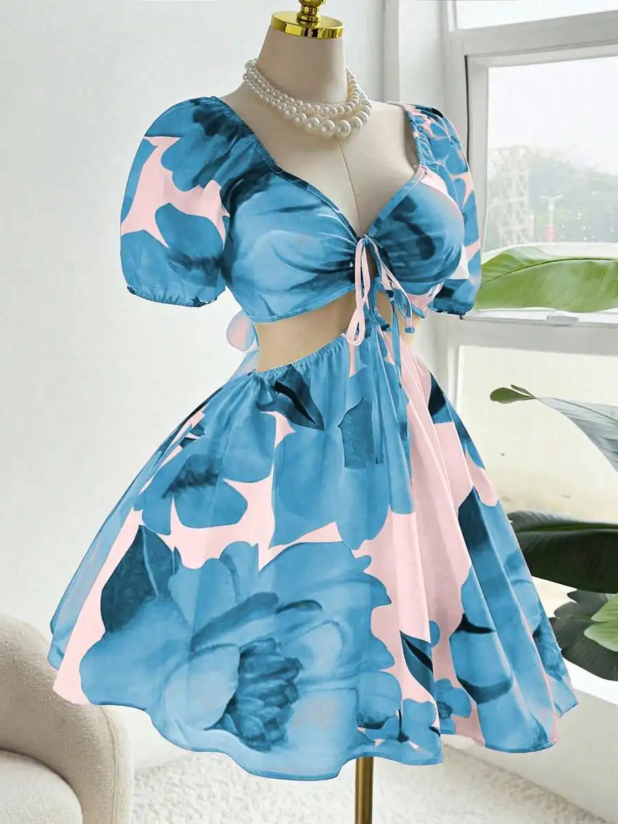 

Floral Twist Knot Tie Ruched Two Piece Vacation Dress