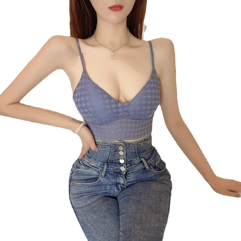 Women Sexy Crop Tops Bra Tube Top Female Streetwear Summer Bralette Houndstooth Camis Deep V-neck Corset Crop Tank Bandeau Top