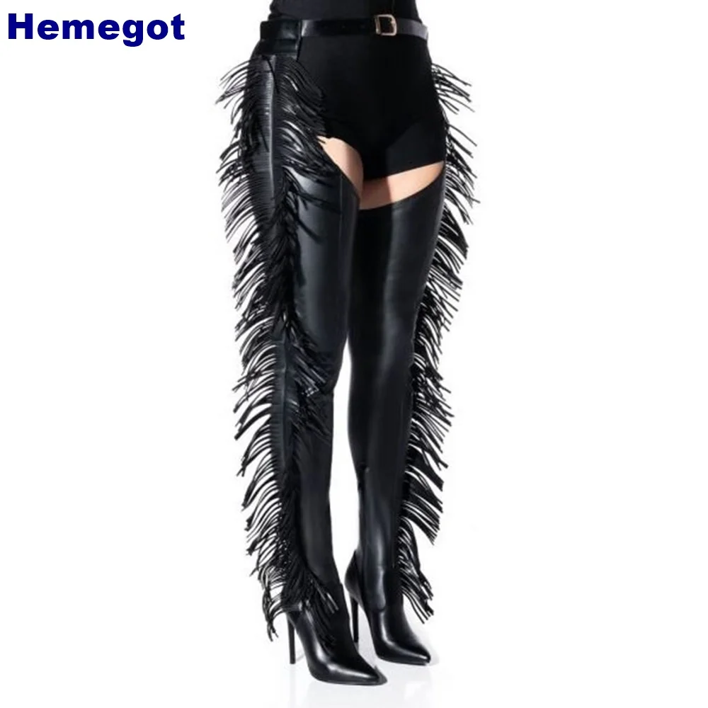 Sexy Ladies Black Fringed Waist Boots Platform Winter Catwalk Street Belt Buckle Thin High Heels Fashion Women Over Knee Shoes