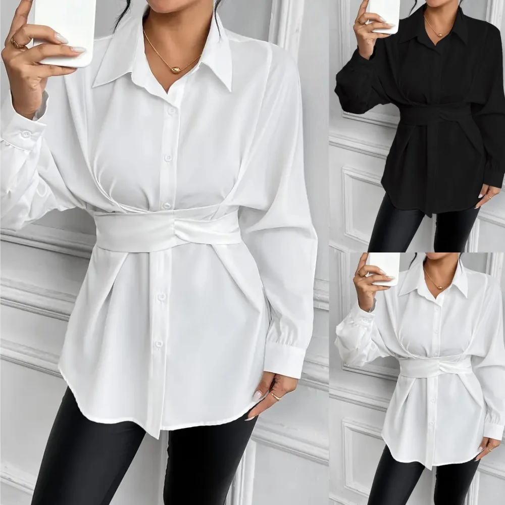 Office White Shirt Dress Women Chic Elegant Tunic New Midi Blouse Irregular Turn Down Collar High Waist Female Long Sleeve Tops