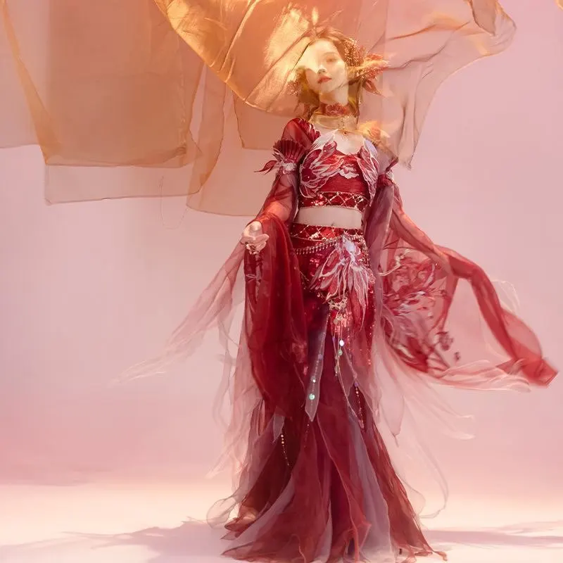 

Сексуальное китайское платье для женщин, красное платье Ханьфу с древней вышивкой, женский карнавальный костюм феи, костюм для сценических танцев