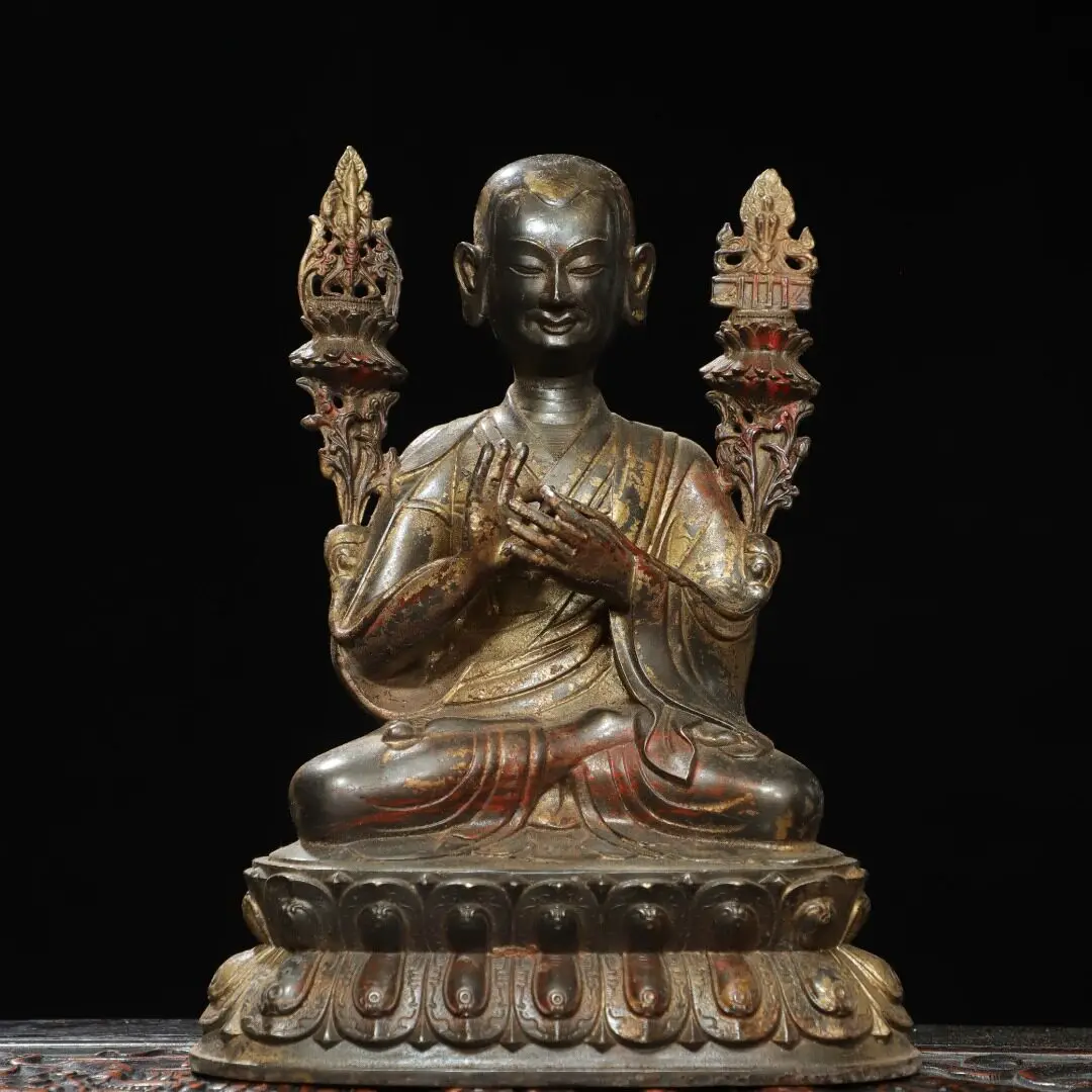 Tsongkhapa Buddha Tibetan Vajrayana Pure Copper Carved Antique Home Temple Desk Decor Craft
