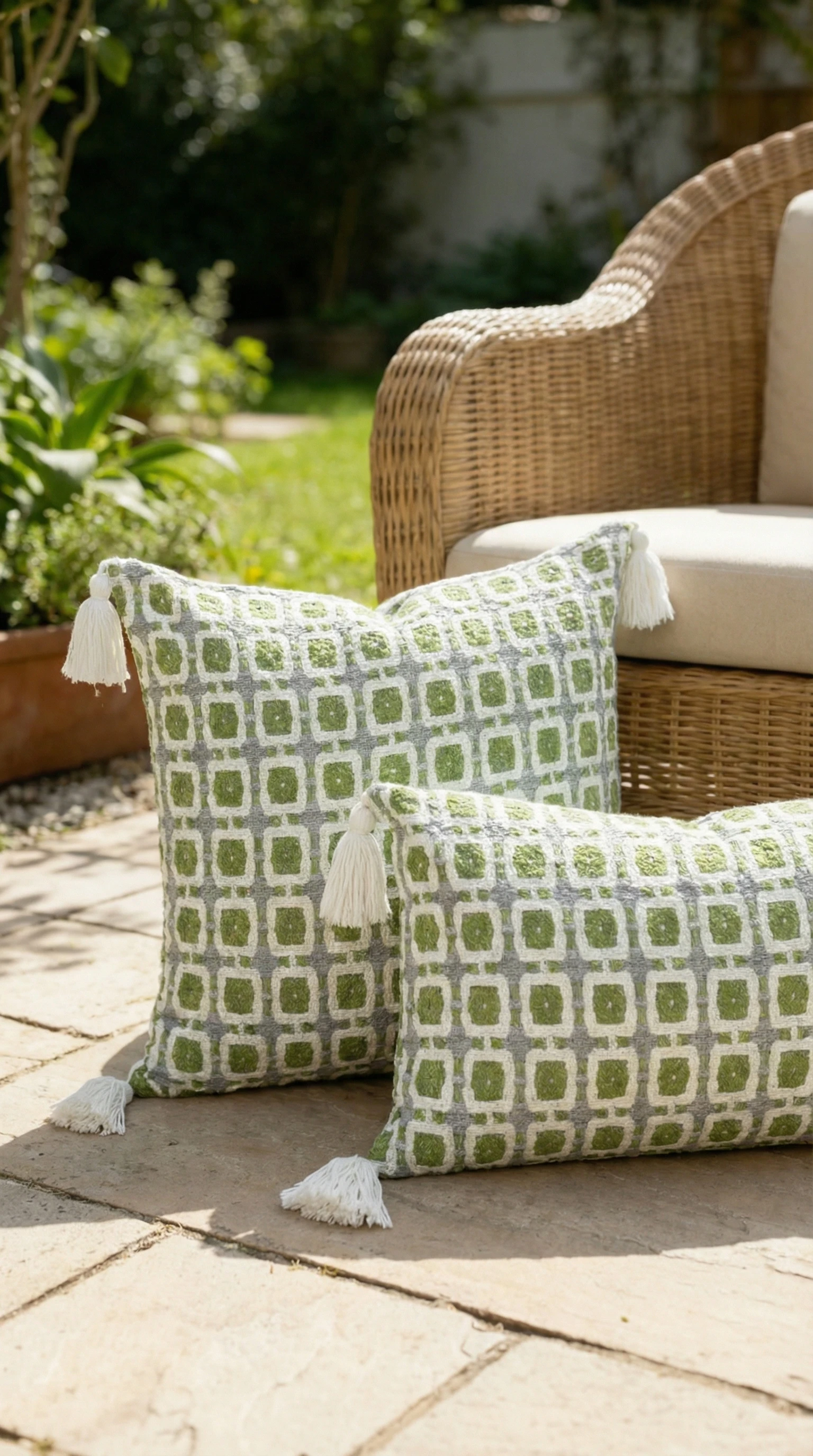 1Pc Fresh Green Check Throw Pillow Covers| Tassel Decor, Durable for Patio & Living Room