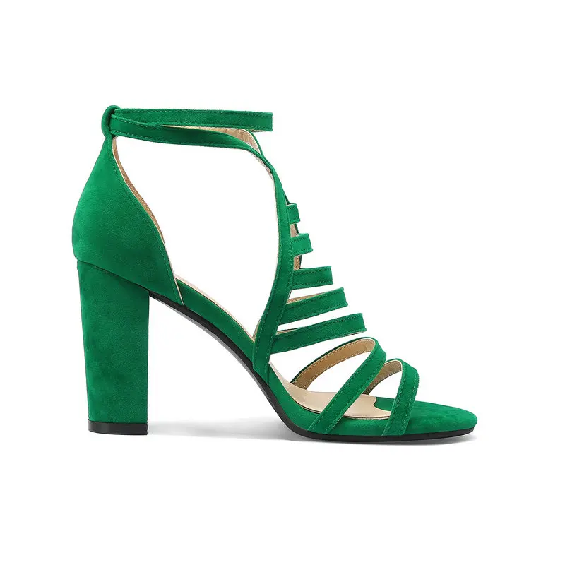 Sexy Mature Bright Green Nubuck Flock Material Lady Summer Block High Heeled Shoes Open Toe Hallow Strap Bandage Heels Sandals