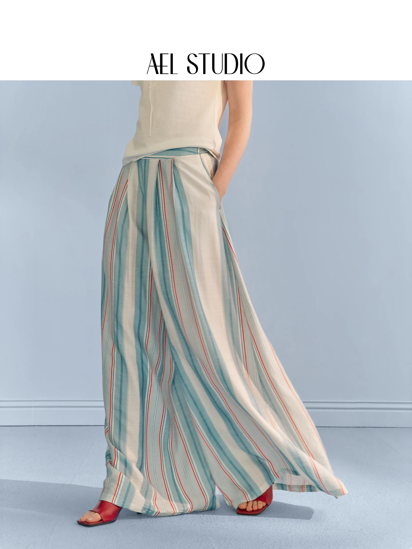 

AEL Original Color Block Blue White Stripes Wide Leg Pants Women's Summer Vintage Loose Casual Trousers High Waist Straight Cut