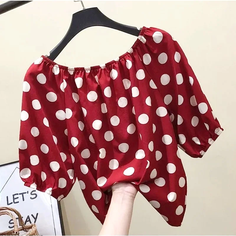 Black Polka Dot Print Chiffon Slash Neck Short Sleeve Loose Women\'s Blouse Shirt Korean Fashion Female Clothing Tops 2024 Summer