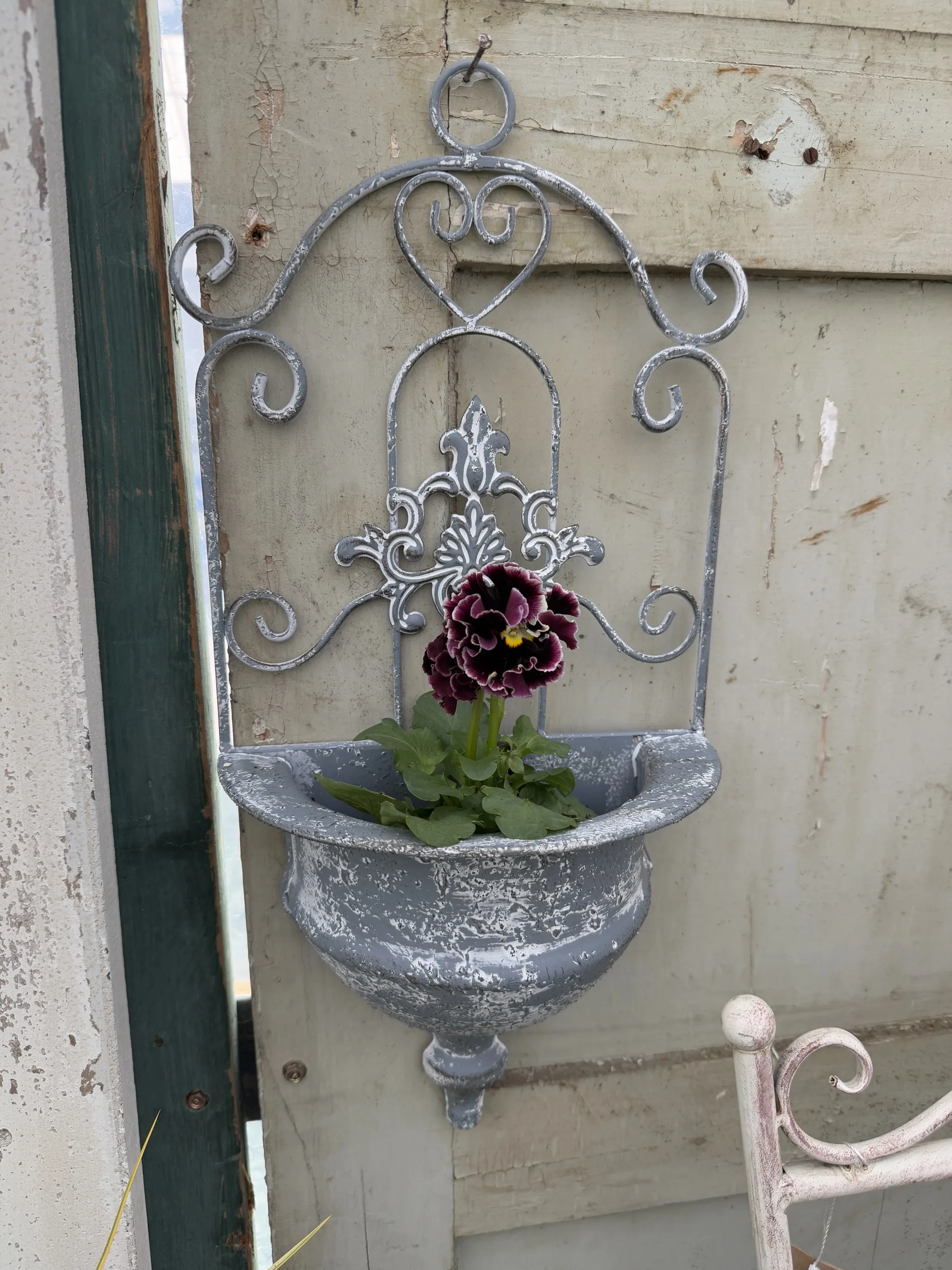 Vintage Wall Mounted Planter, Distressed Gray Metal with Ornate Scrollwork, 9.1 x 4.7 x 18.5 Inches