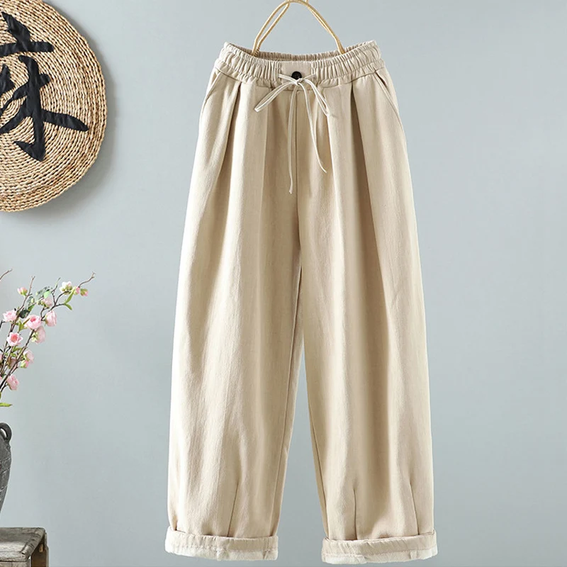 Plus Velvet Thick Warm Linen Wide Leg Pants Women 2024 New Winter Windproof Cotton-padded Straight Trousers Quilted Harem Pants