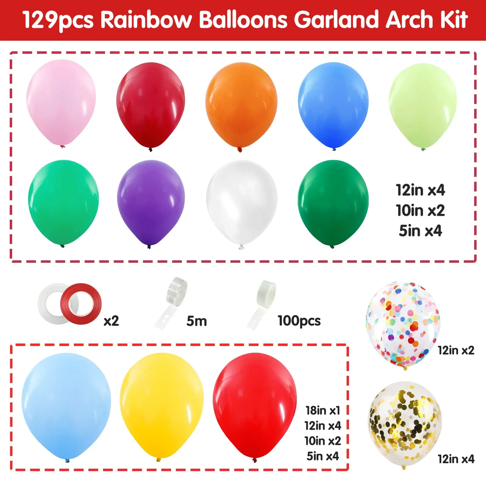 129pcs Rainbow Balloons Garland Arch Kit Assorted Color Balloons Confetti Latex Balloons for Birthday Party Decorations