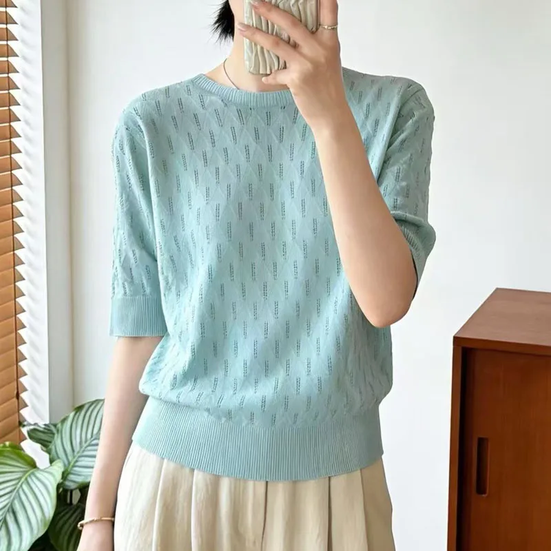 

Knitted Sweater Women Pullovers Fashion Short Sleeve O-Neck Knitwears Knit Sweater Pullover Women Tops Hollow Out Sweaters Q3374