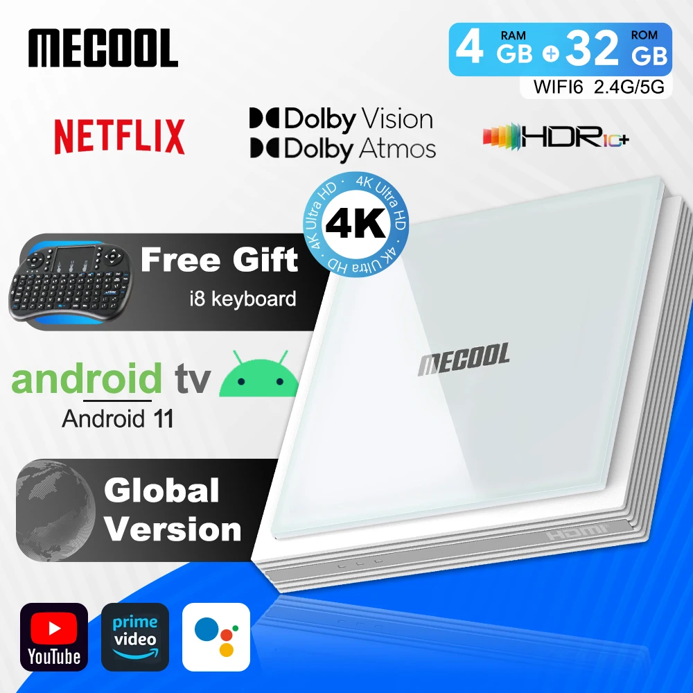 MECOOL-KM2 Plus Deluxe Android TV Box, Media Player com Netflix, 4K certificado Dolby Atmos, Dolby Vision, 4 + 32G, WiFi6, 1000M LAN Port