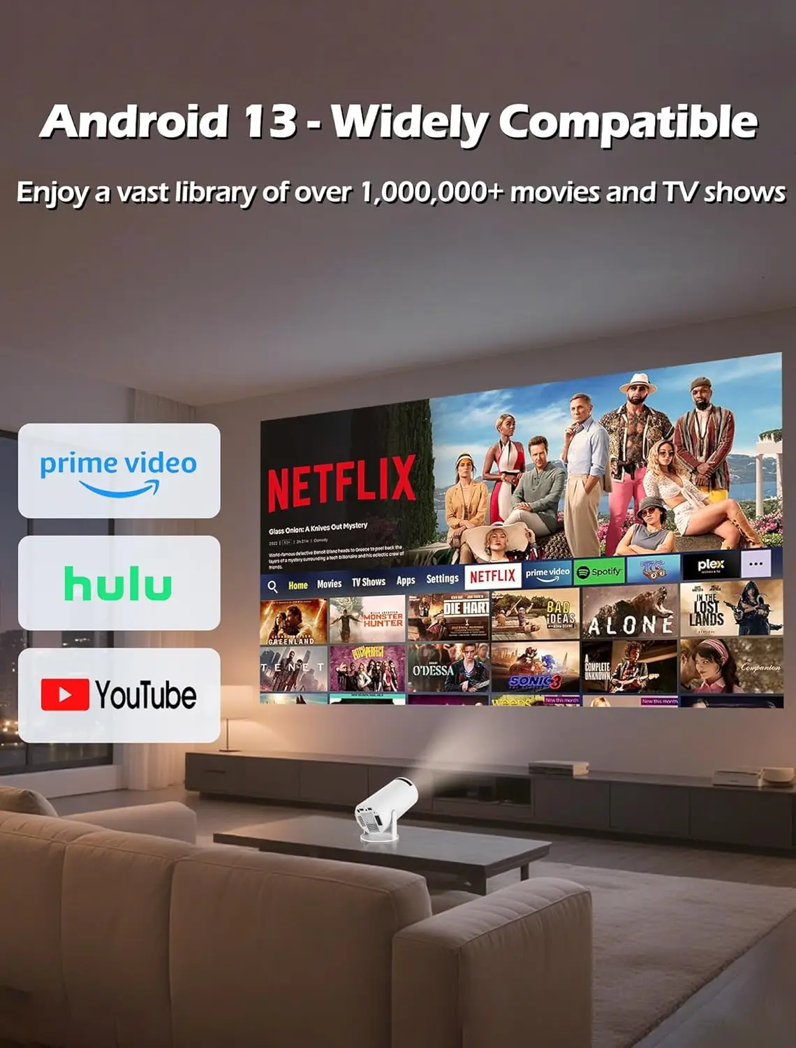 Mini Projetor 4K com Wifi6 e Bluetooth 5.0, Correção Auto Keystone, Portátil para Filmes ao Ar Livre