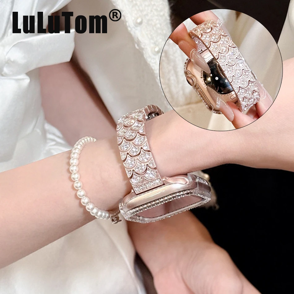 

Luxury Mermaid Scales Diamond Band for Apple Watch 11 10 9 8 7 6 5 Ultra SE Metal Strap Iwatch Series 38 40 41 42 44 45 46 49 mm