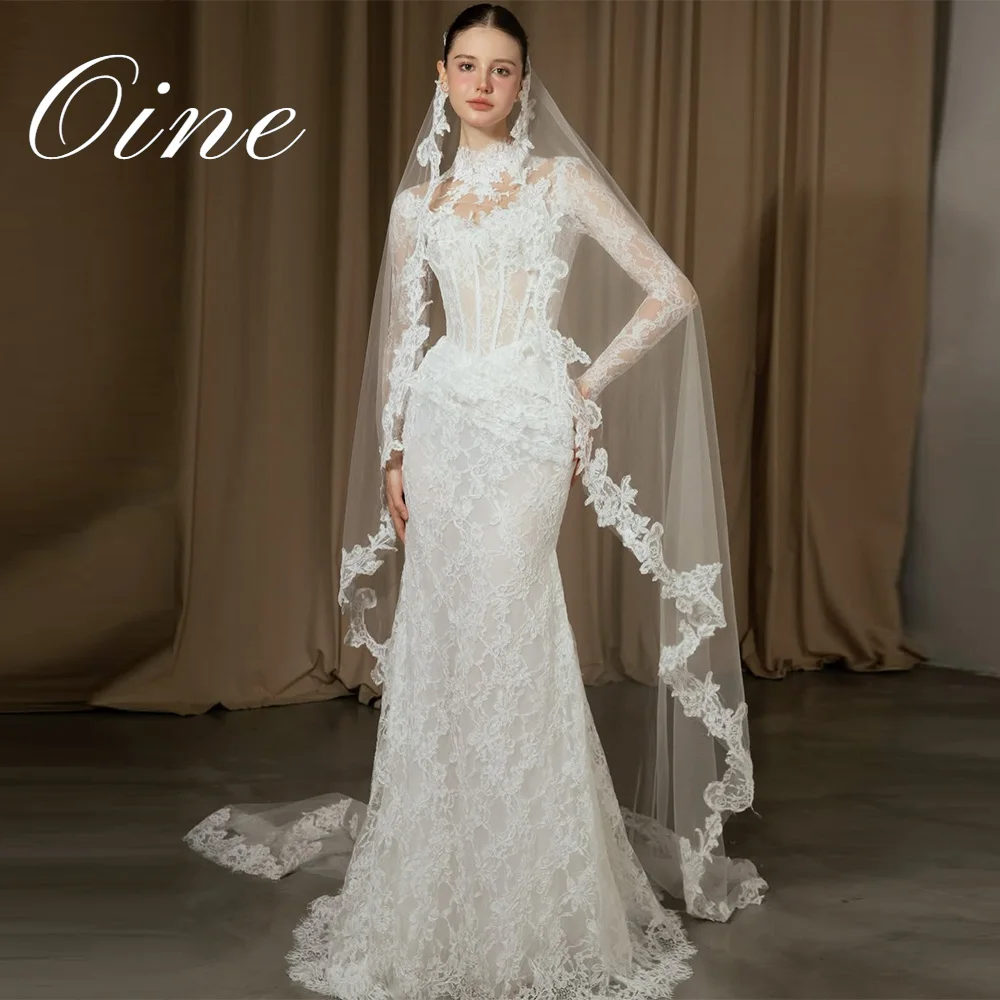 Oine Lace Appliques Wedding Dresses High Collar Flower Decal Long Sleeves Mermaid Bridal Gown Bohemian Wind Saudi Dress Dubai