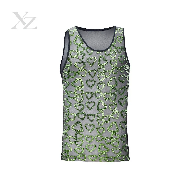 Premium Black Mesh Sheer Sleeveless Tank Top for Men – Full Pink Outline Heart Sequins, Slim Fit See Through Clubwear Vest, Hot