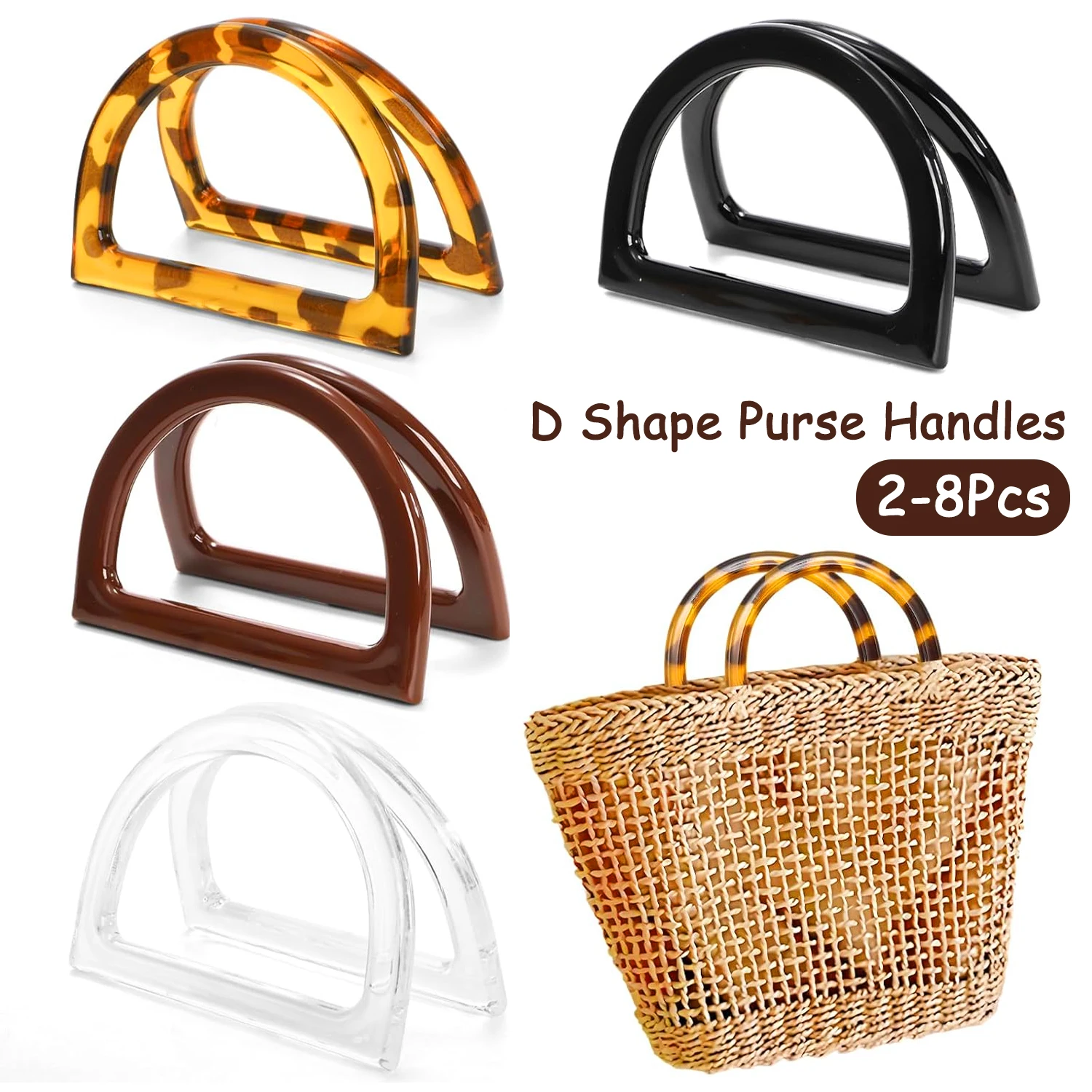 2-8 Pcs D Shape Purse Handles Handbag Handles Replacement for Handmade Crochet Bag Summer Beach Straw Bag DIY Accessories