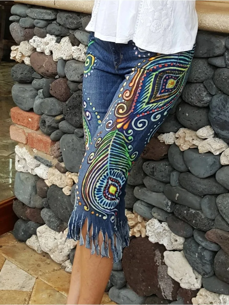 Women's High Waist Bohemian Style Jeans Sexy Seven-Point Leggings with Peacock Feather Pattern Stretch Denim Fringe Pants