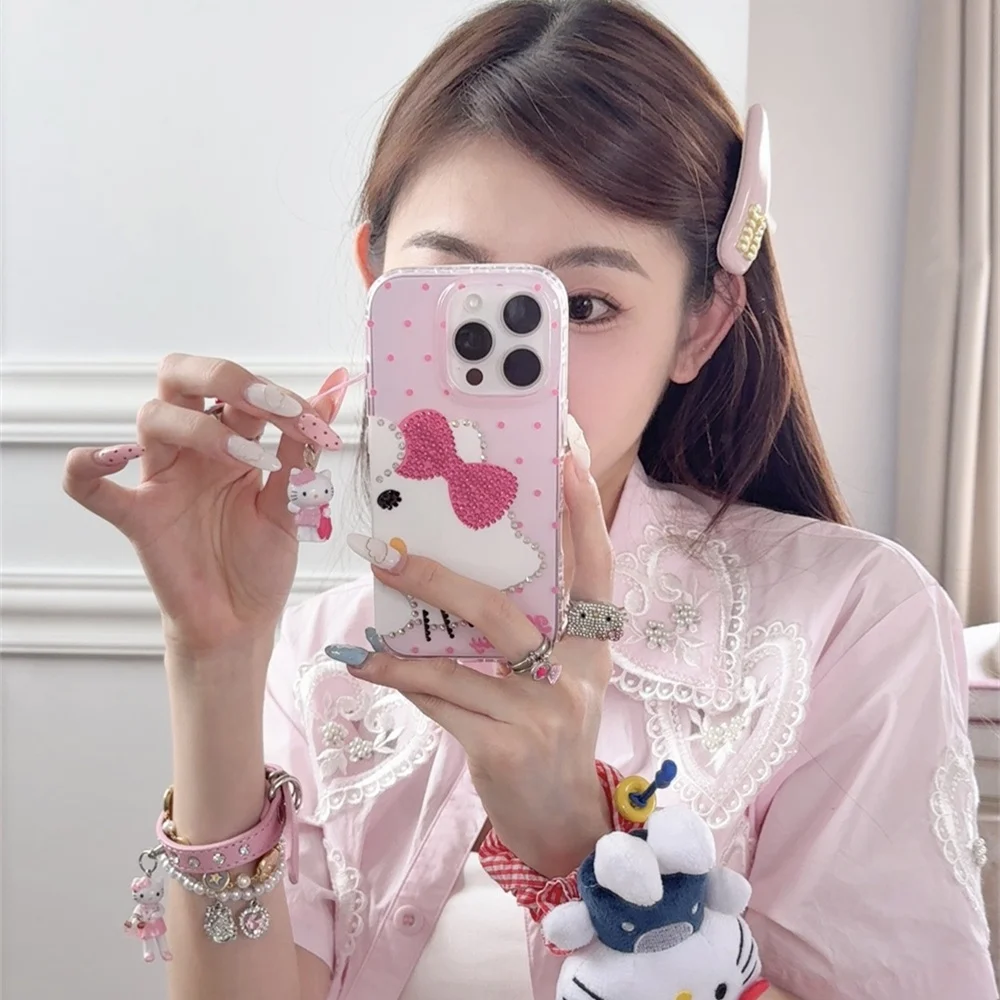 

Flash drill bow Hellokitty polka dot case for iPhone 13 14 15 16 Pro Max Fundas with charm for Apple 15 Pro shock protection cas
