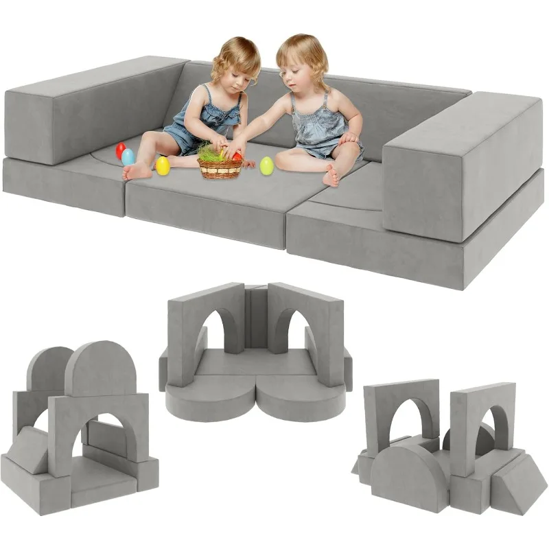 Modular Play Couch 9PC Couch for Playroom Bedroom Multifunctional Sofa for Playing Creativing Sleeping Indoor Toddler Couch Gray