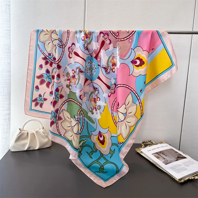 

Новый шелковый шарф с имитацией шелка с мультяшным принтом, шаль, защитный шарф для шеи, декоративный роскошный женский шарф