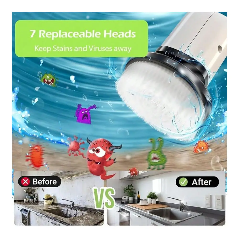 

Spin Scrubber, Cordless Bathroom Tub Scrubber With Long Handle 7 Replaceable Cleaning Heads, Extension As Short Handle, Portabl