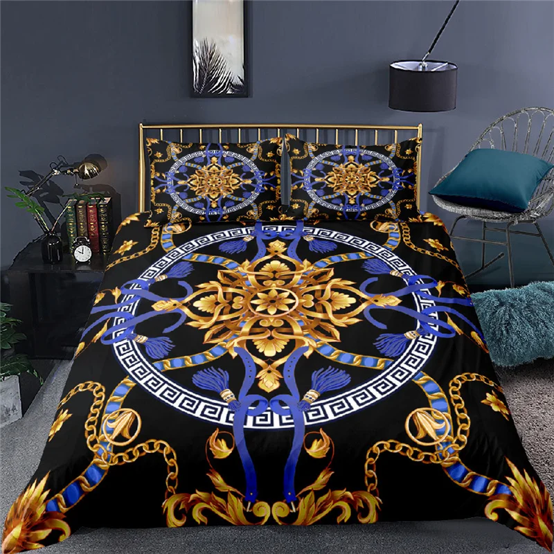 Luxury 3D Golden Baroque Style Print 3Pcs Kids Bedding Set Comfortable Duvet Cover Pillowcase Home Textile Queen and King Size