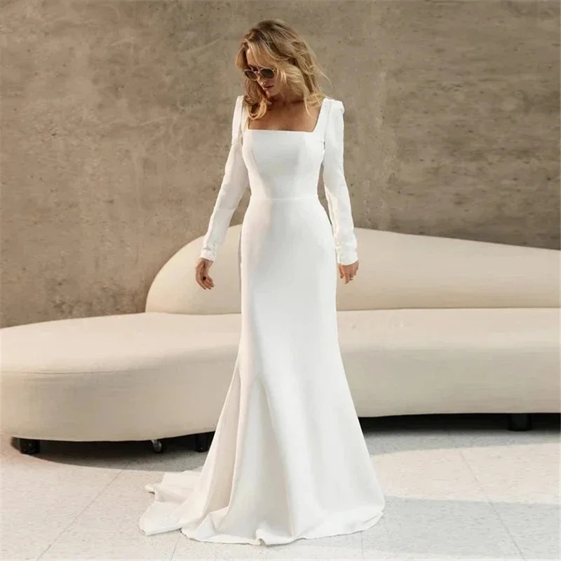 

Elegant Buttons Wedding Dresses Long Sleeves Fit Country Wedding Bride Gown Customized Square Collar Vestido De Novia for Women