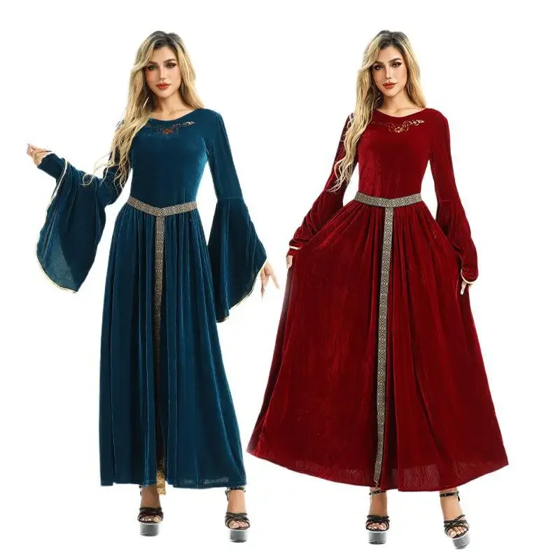 

.Renaissance Style Medieval Retro Court Style Clothing Christmas Holiday Party Women's Trumpet Sleeve Victorian Wine Red Dress