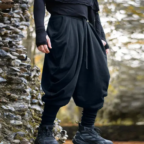 INCERUN, pantalones para hombre, pantalones para correr con cordón de Color sólido, pantalones bombachos informales para hombre, ropa de calle, pantalones sueltos de moda para tiempo libre, pantalones para hombre S-5XL