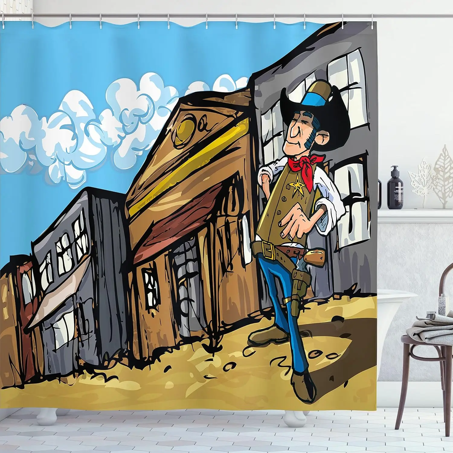 

Cartoon Cowboy Wrangler in an Old West Town Looking Down The Street Wild Adventure, Cloth Fabric Bathroom Decor Set with Hooks,