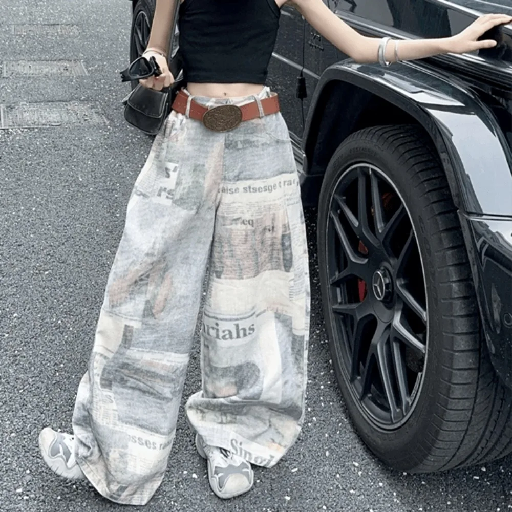 

Girls Pants Korea Style 2024 Summer New Newspaper Print Cargo Pants Vintage Spicy Girl Casual Fashion Summer Children Trousers