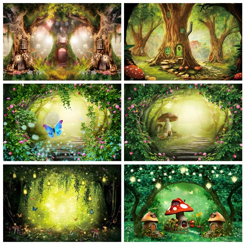 

Dreamy Natural Jungle Forest Wonderland Backdrop Fairy Tale Mushroom Baby Birthday Party Photography Background for Photo Studio