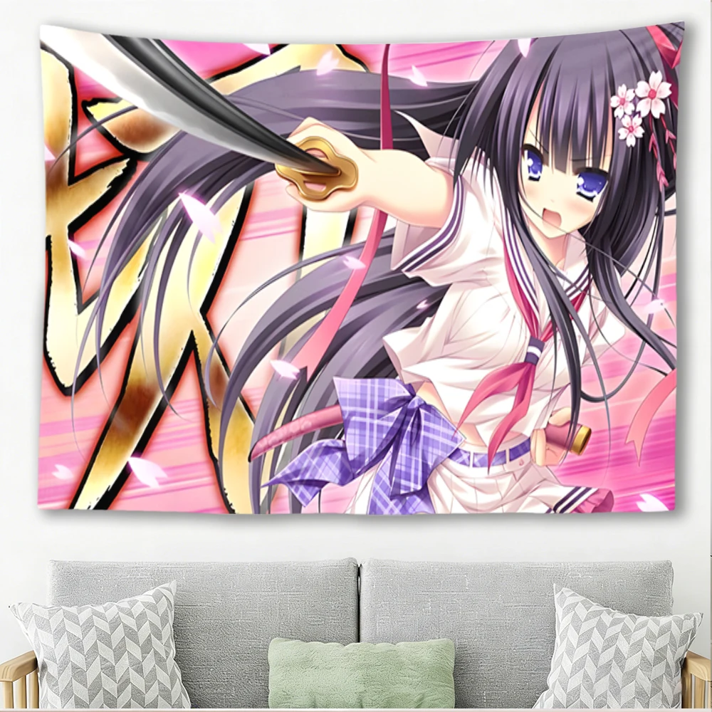 Kawaii Japanese Warrior Anime Maiden Tapestry Sailor Outfit Katana Sakura Floral Print Polyester Wall Hanging Decor Cloth