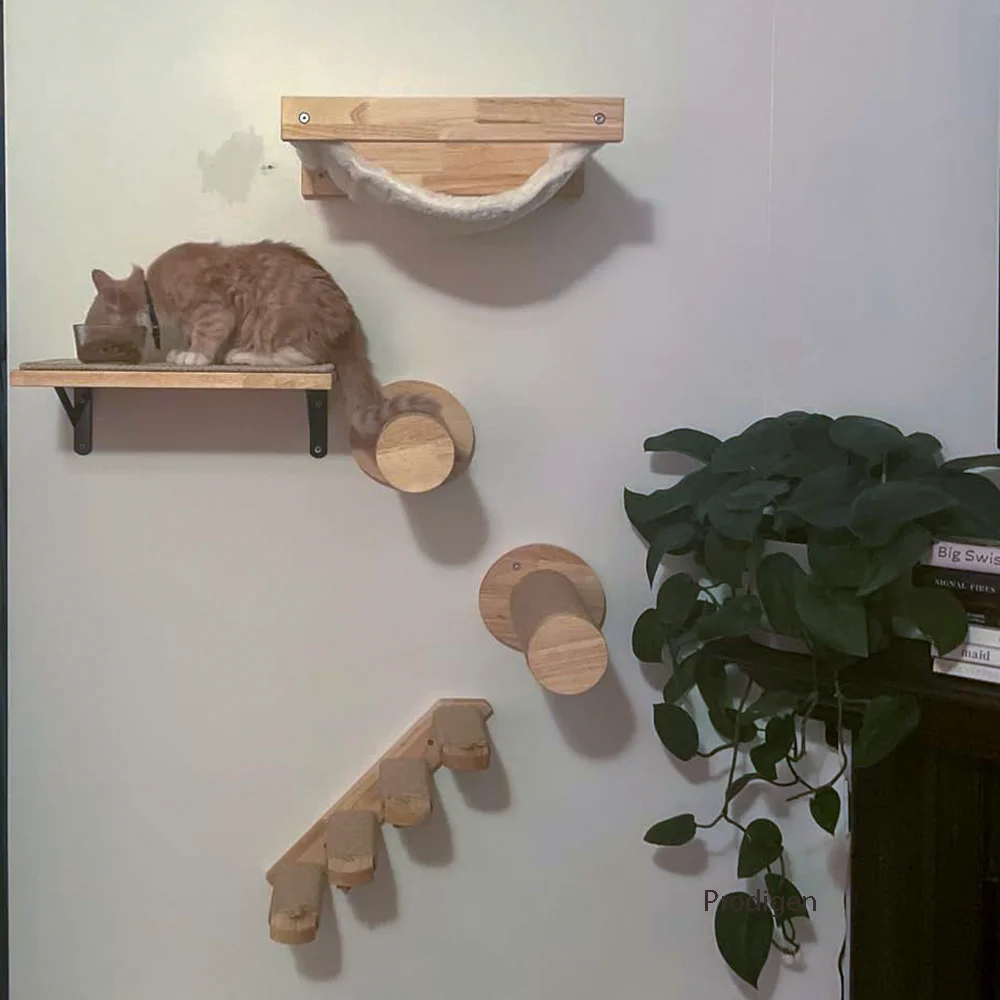 Wall Mounted Cat Climbing Frame Cat Hammock and Scratching Post with Wood Ladder for Kitten Sleeping and Playing Pet Playground