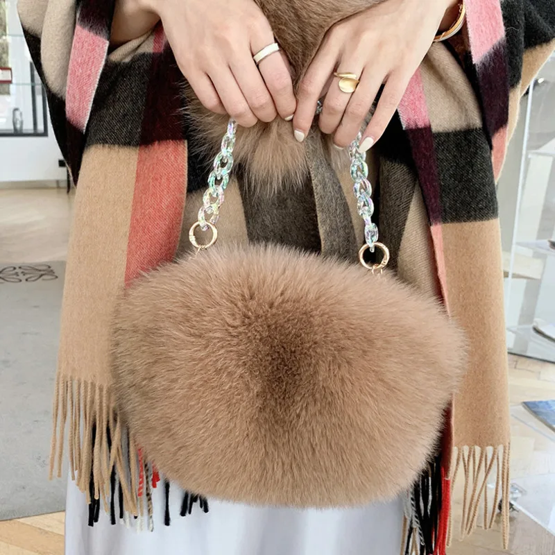 

Fox Fur Bag Chain Handheld Women's Bag Fashion Crossbody Bag Single Shoulder Handbag Winter Ladies Warm Clutch Bag Party Bag