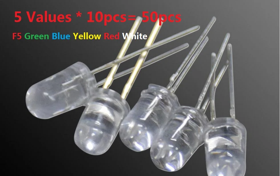 5MM Transparent Cove LED Kit 5 Values * 10pcs= 50pcs  F5 Green Blue Yellow Red White Assortment DIY Assorted Kit Set Pack