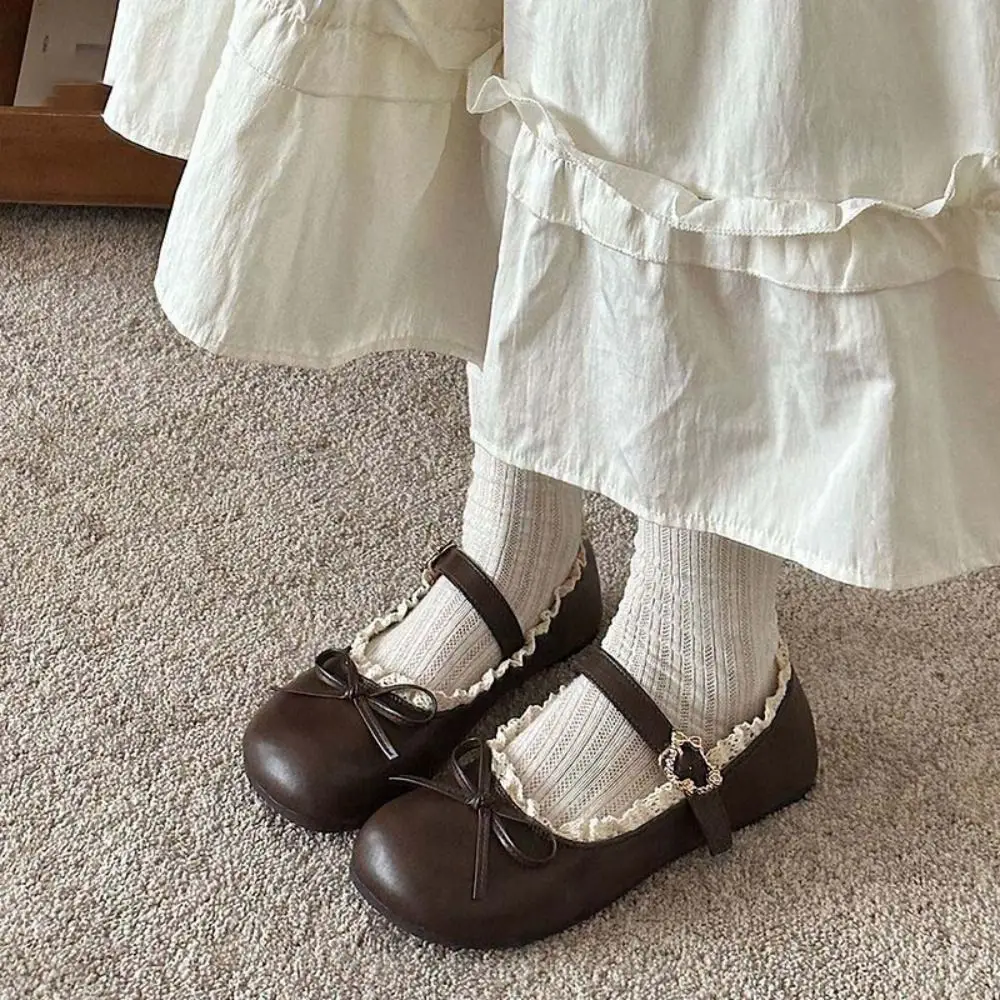 Elegant PU Leather JK Flat Shoes Lace Ruffled Sweet Casual Ballet Flats Bow Soft Sole Slip On Loafers Girls