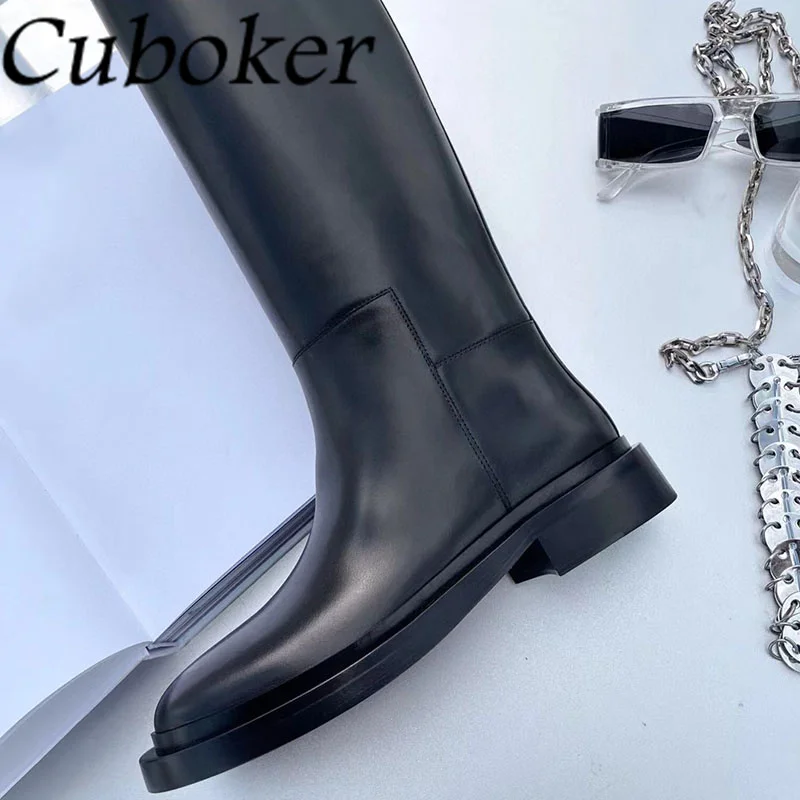 Top Quality Winter Real Leather Riding Boots Round Toe Thick Heel Knee High Boots Women Long Boots Celebrity Brand Shoes mujer