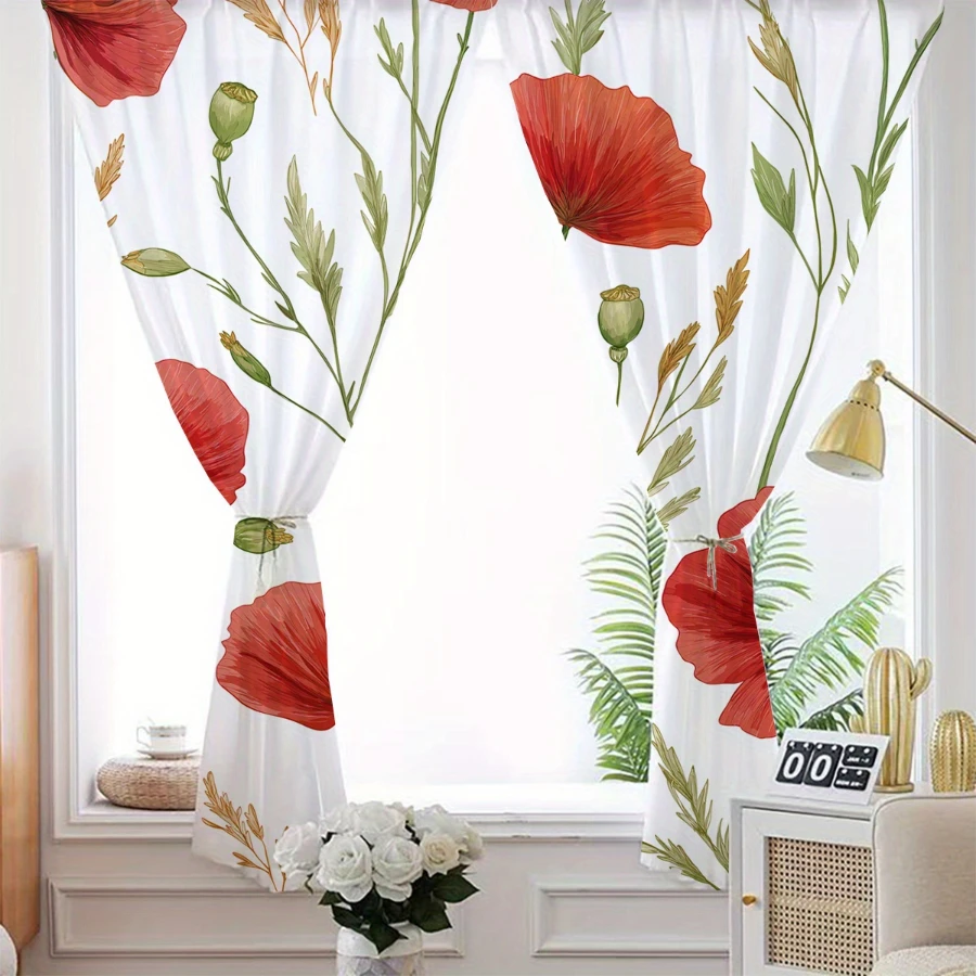 2PCS Digital Print Sheer Curtains, Red Poppy Flower Pattern, Vintage Oil Painting Style for Living Room Home Window Decor