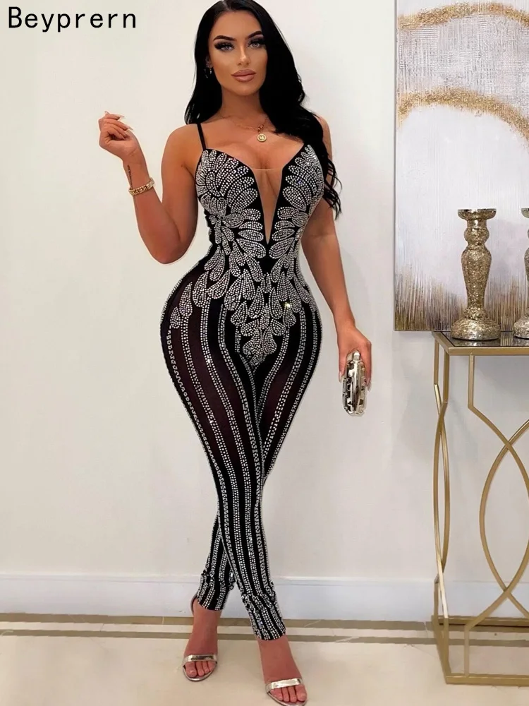 

Beyprern Sparkle Sheer Mesh Crystal Rompers Womens Glam See-Through Rhinestone Long Pants Jumpsuits Nightclub Outfits Clubwear