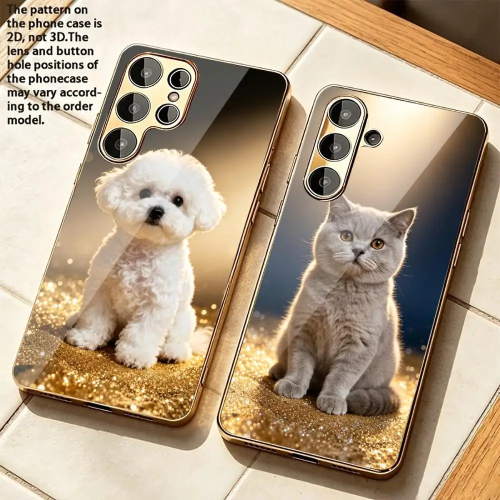Golden puppy glass phone case suitable for Samsung Galaxy S26 S25 S24 S23 S22 S20 FE/Ultra/Plus anti drop back cover